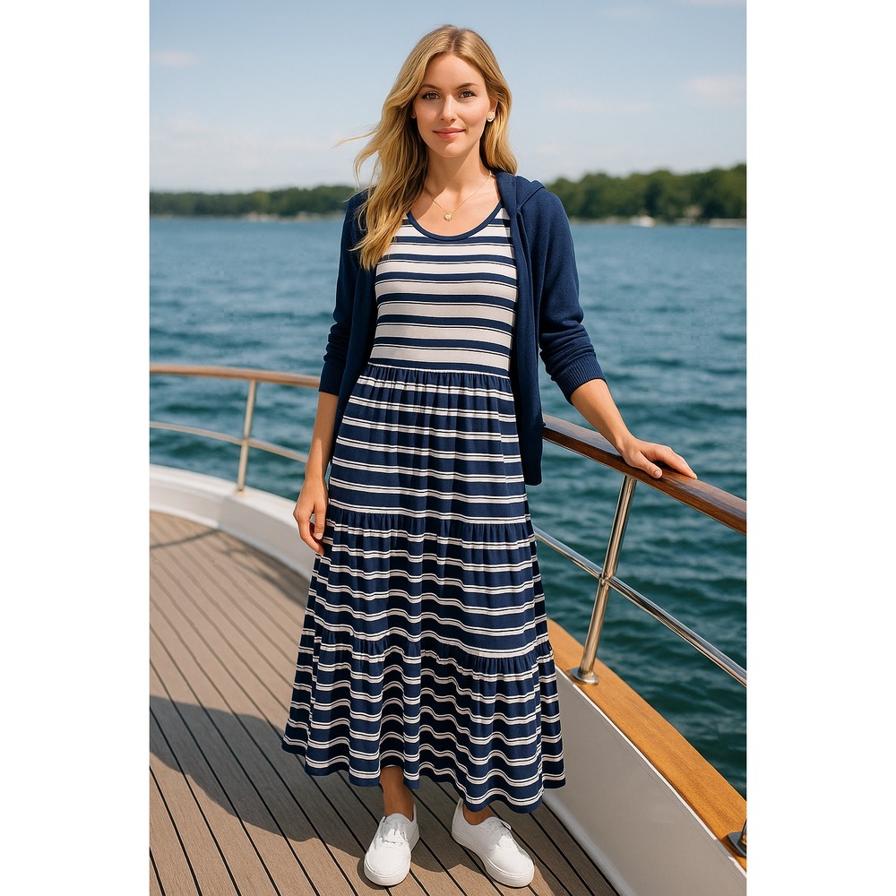 Lands End Maxi Dress Womens MT Tall Blue White Nautical Sailor Tiered‎ Striped